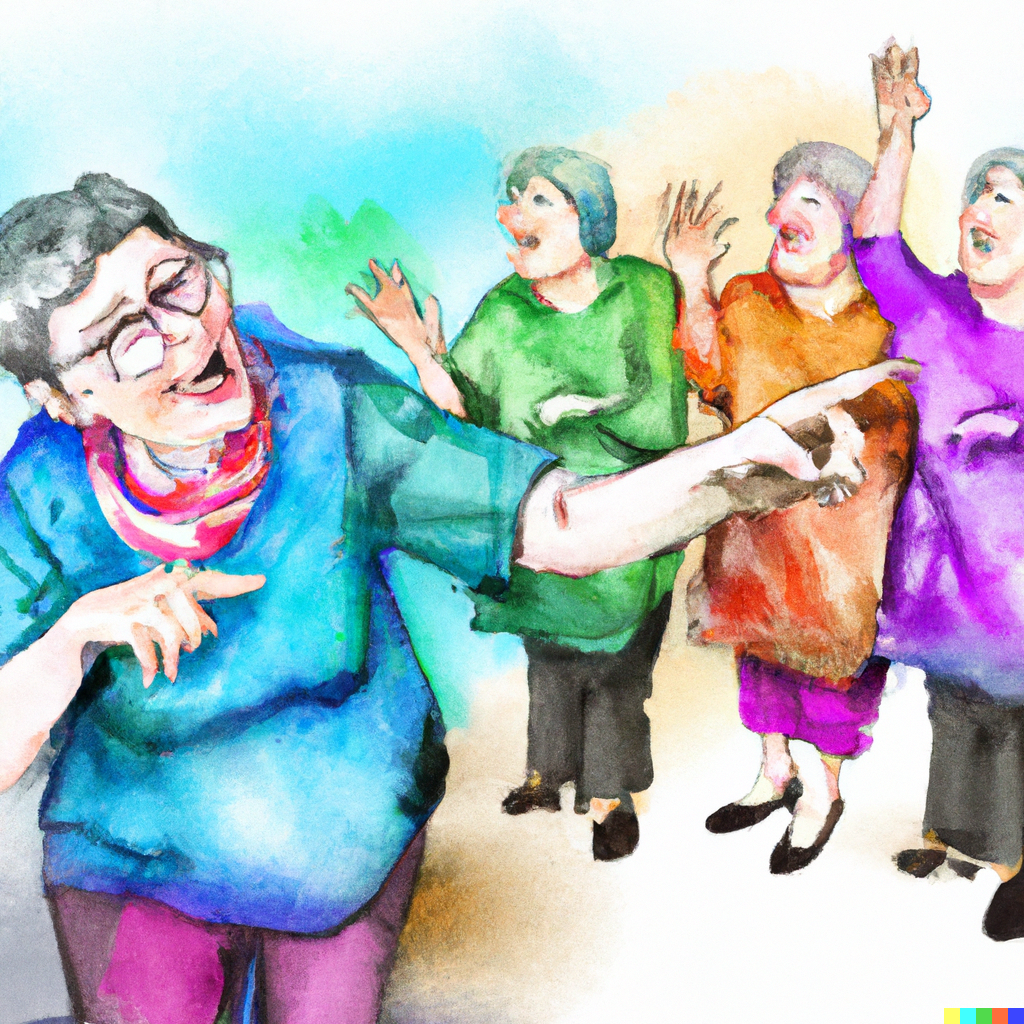 DALLE 2023-01-05 214559 - old women gesturing and nodding in a group and one points bright colors water color - French in Real Life DALLE 2023-01-05 214559 - old women gesturing and nodding in a group and one points bright colors water color