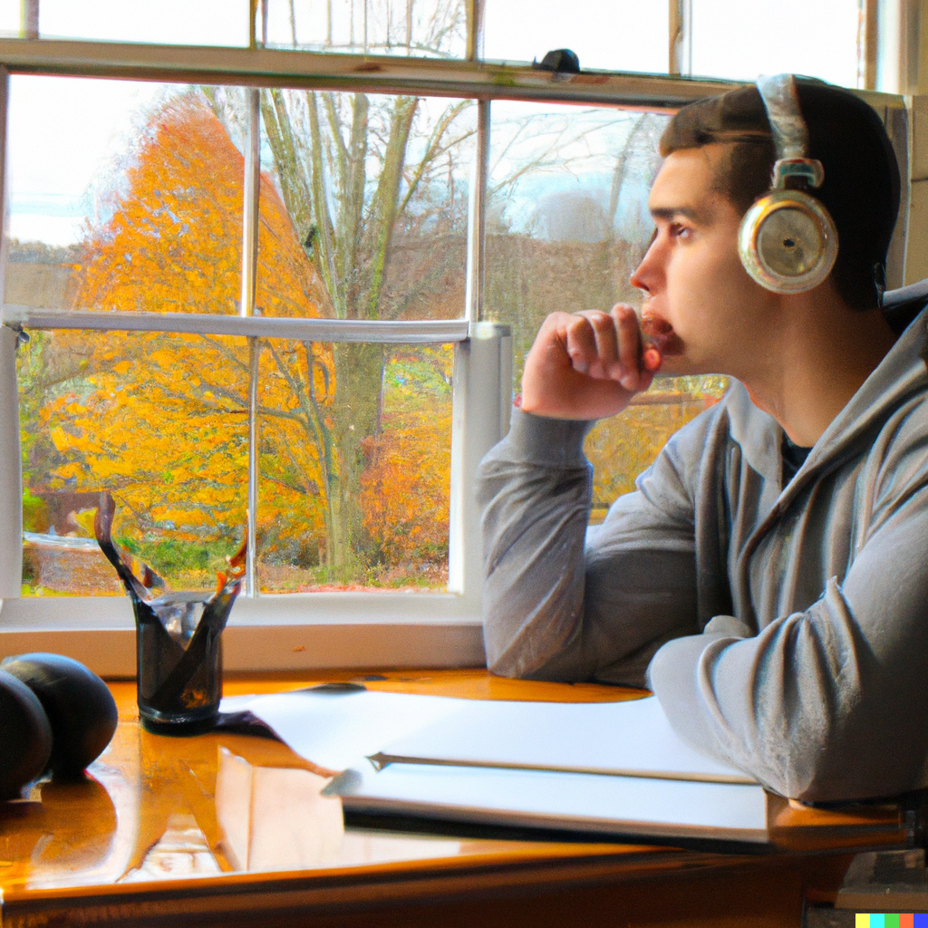 DALLE 2023-01-21 223501 - a student at a desk looking out the window he wears headphones and holds a pencil in his hand a notebook sits on his desk its a crisp fall day t - French in Real Life student listening to a podcast, created with dall-e-2. the best podcasts for French learners don't need to be in English or focus on grammar. Check out Inner French and our transcription quiz