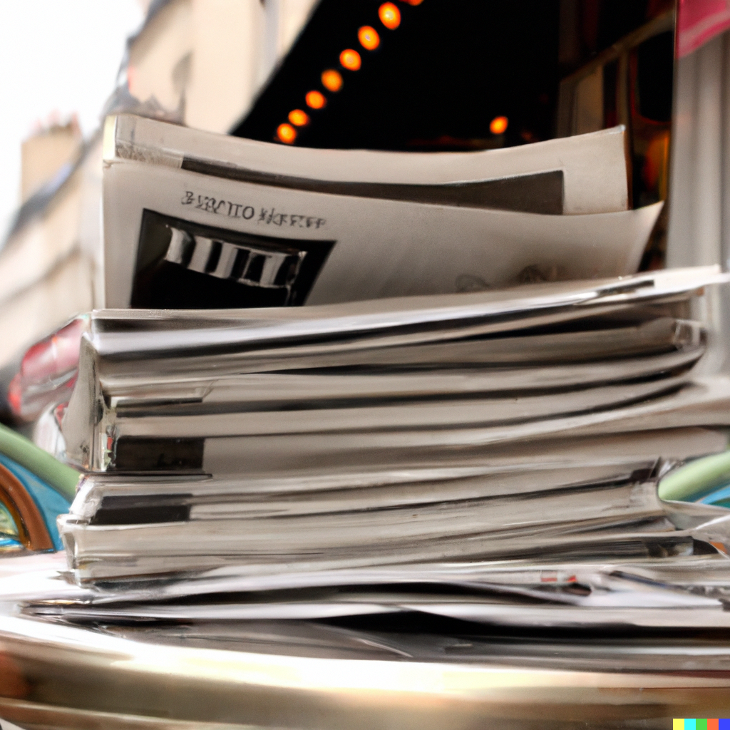 DALLE 2023-02-04 213001 - an award winning photo of a stack of French newspapers on a table in a french cafe somewhere in paris - French in Real Life les médias francophones do you know them? listen to clips from French media here and improve your ear for French with our transcription quizzes