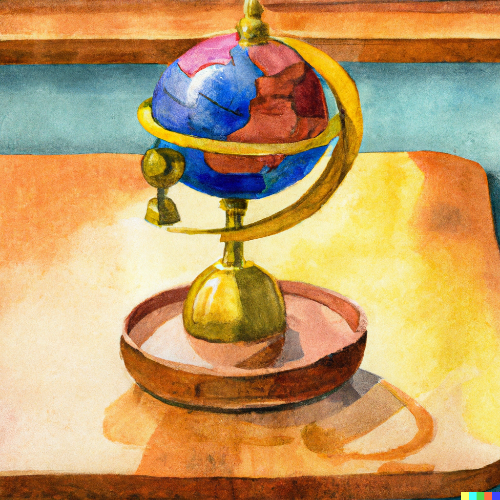 DALLE 2023-02-07 153146 - globe with a brass holder set on a wooden desk painted in water color - French in Real Life from la france and all the countries of the world. Do you know how to say that in French? listen and practice your listening comprehension