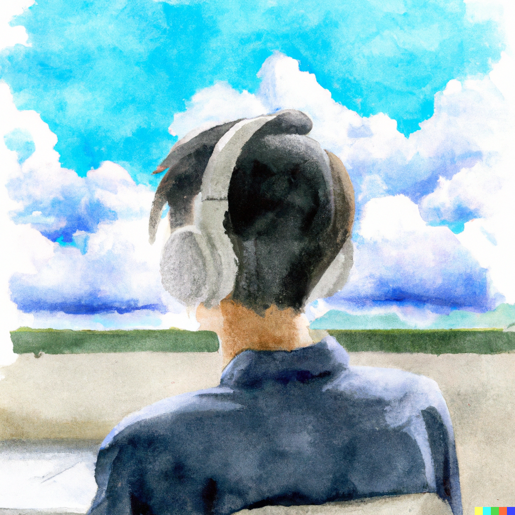 DALLE 2023-02-07 164740 - a 20-something man listening to headphones while sitting at a desk looking out the window its a blue sky day with lots of clouds in the sky this i - French in Real Life " vous allez pouvoir comprendre de plus en plus de choses." can you understand that French? hear it in this clip from the Inner French podcast