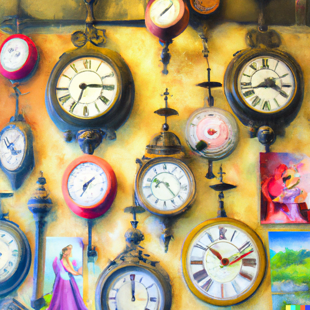 DALLE 2023-02-08 091245 - a painting of a wall with many hanging clocks of all kinds in the style of renoir - French in Real Life Sometimes, do you know how to say that in French? Hear it in this cliip from Inner French
