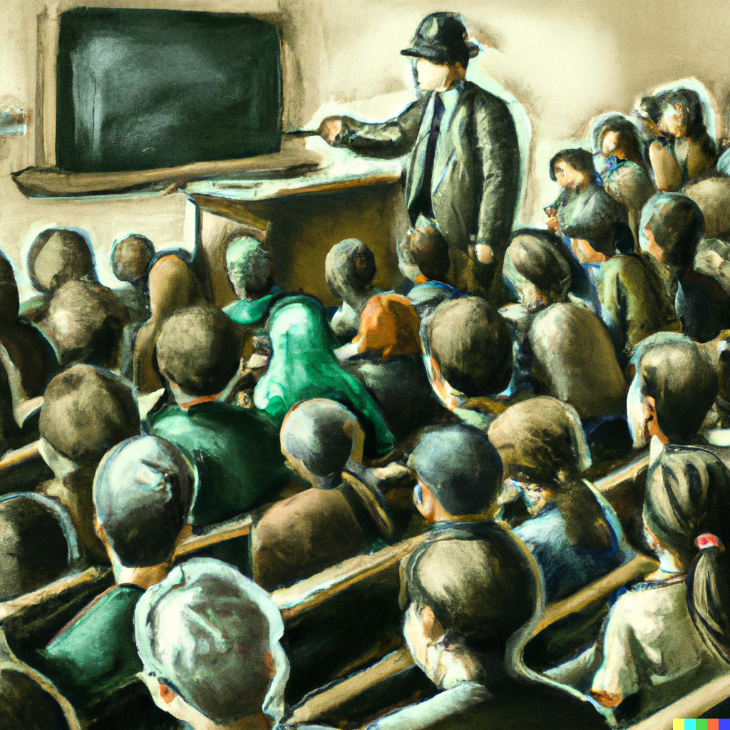 DALLE 2023-02-10 234525 - a professor at the blackboard in a large lecture hall filled with students this is a pastel drawing - French in Real Life professor at the head of the class, created with dall-e-2. do you know how to say 'the way to learn' in French?