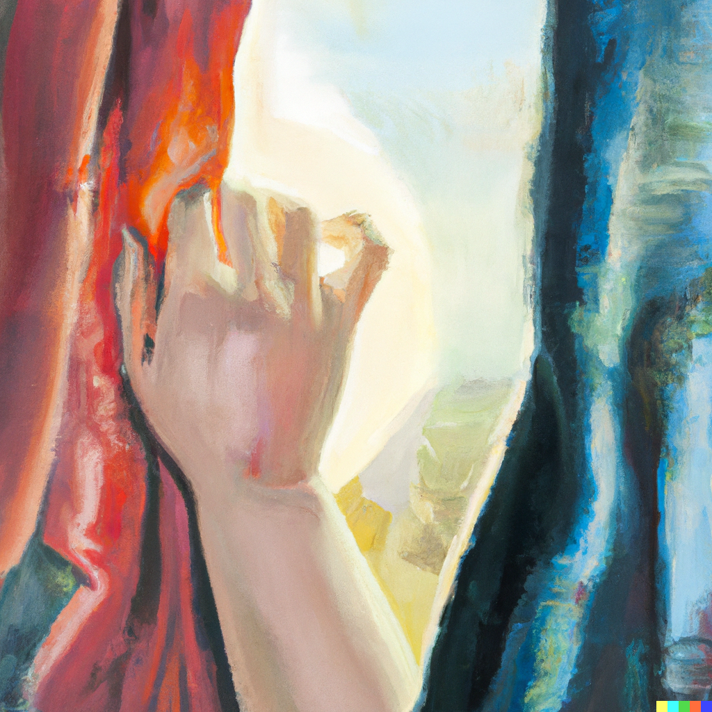 DALLE 2023-02-11 170530 - a hand pulling back the curtain revealing lots of light spilling in this is a bright expressionist oil painting - French in Real Life a hand pulls back the curtain, dall-e-2. are you ready? let's go. Do you know how to say that in French? hear it in this clip from the Inner French podcast.
