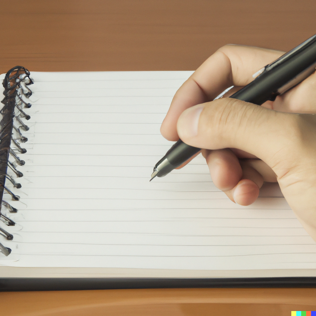 DALLE 2023-02-13 055857 - a photo of a hand picking up a pen the pen was lying on a notebook on a wooden desk - French in Real Life can you understand "acquire" in French? hear it in a clip from the Inner French podcast and take our transcription practice exercise to improve your French listening comprehension