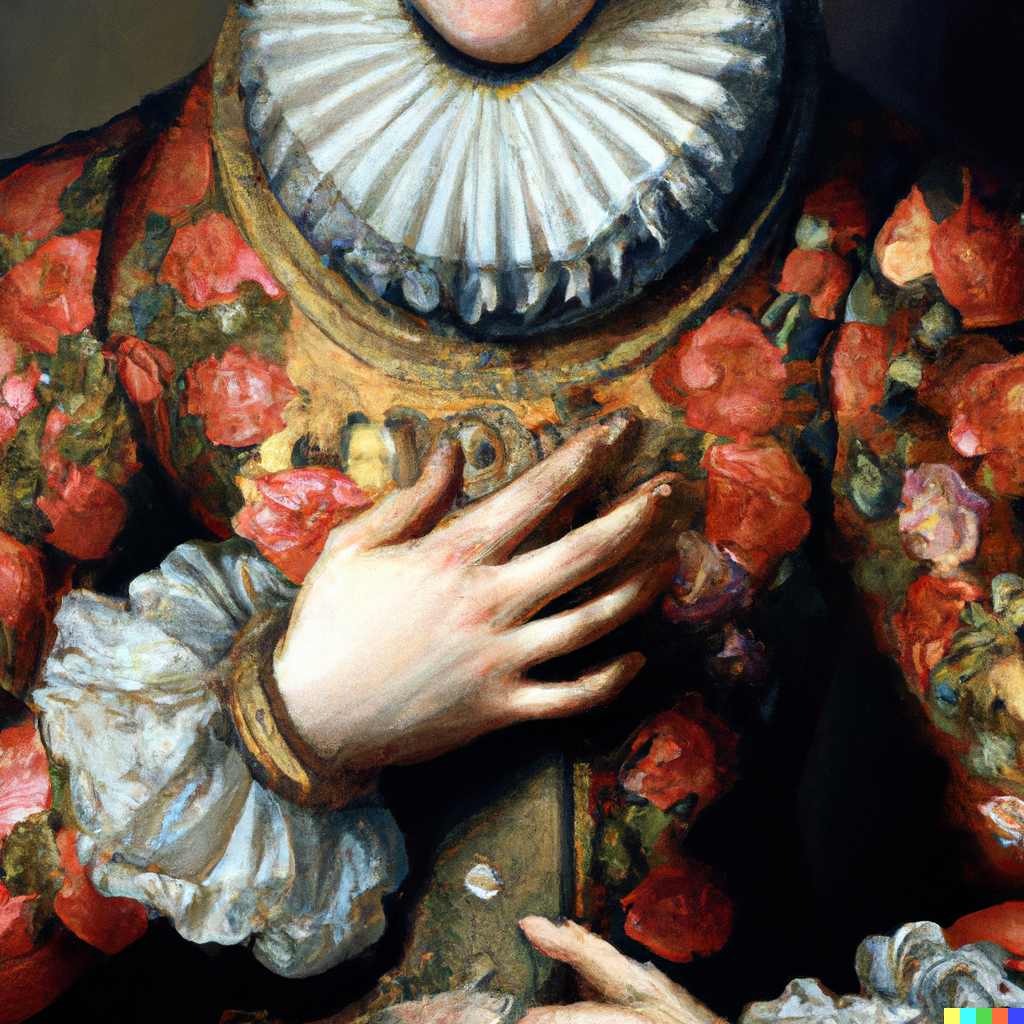 DALLE 2023-03-04 044143 - a fashionable renaissance painting we only see a hand wearing fine jewelry touching ones chest a fluffy collar ornamented and very frilly in mos - French in Real Life moi, je do you know why they use this construction in French me neither, but hear it in this clip from the inner french podcast