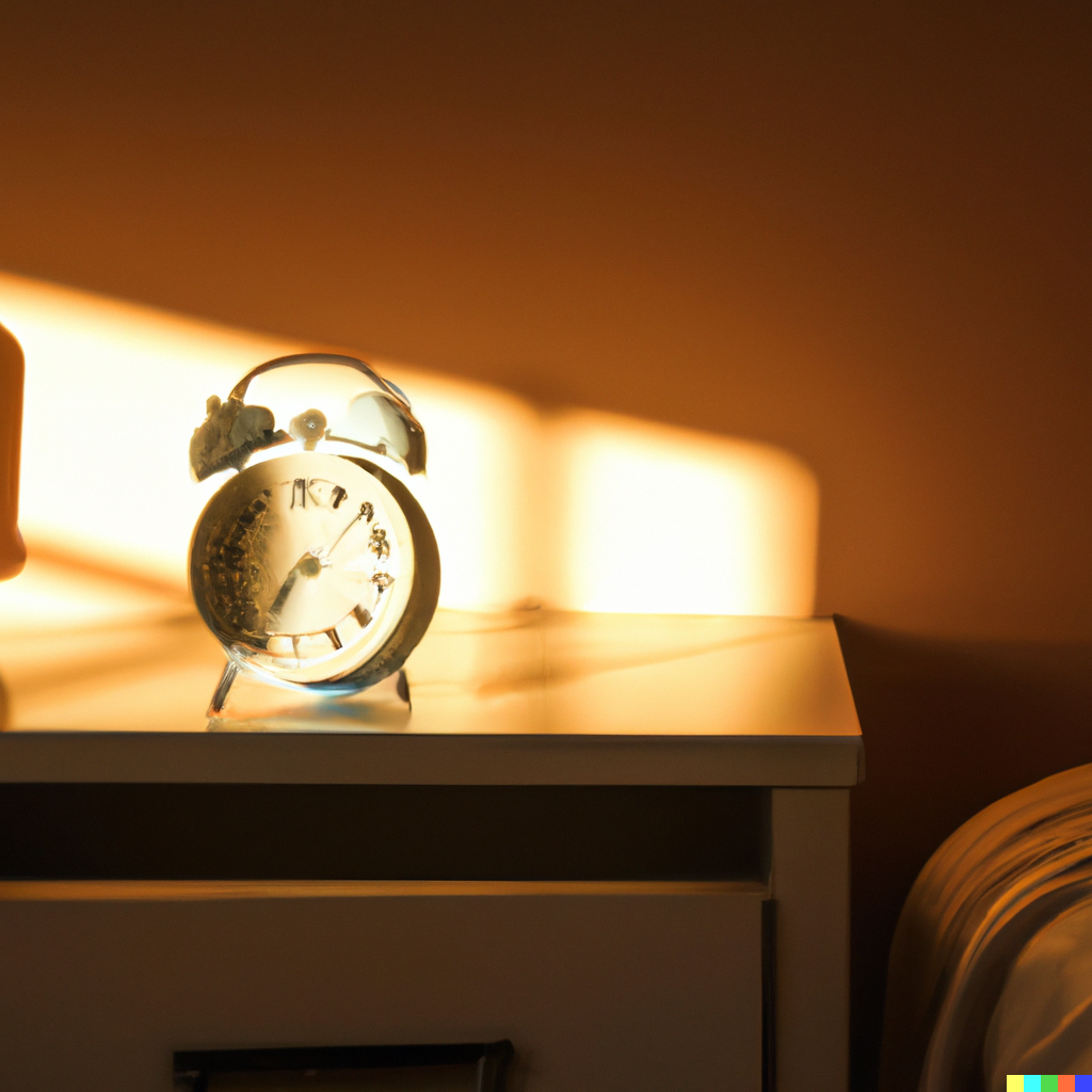 DALLE 2023-03-16 060037 - A happy photograph of an alarm clock on a bedside table with sunshining in through a window - French in Real Life it will be, do you know how to say that in French? hear it in this clip from the Inner French podcast! start at any level and improve your French listening skills