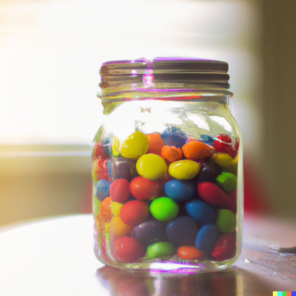 DALLE 2023-03-21 065231 - this is a happy digital photo of a sealed jar filled to the top with candies of all colors like skittles its sitting on a wood table in a room fil - French in Real Life plenty of candy, plenty of french listening exercises, do you know how to say plenty of in French? hear it in this clip and improve your French listening skills!