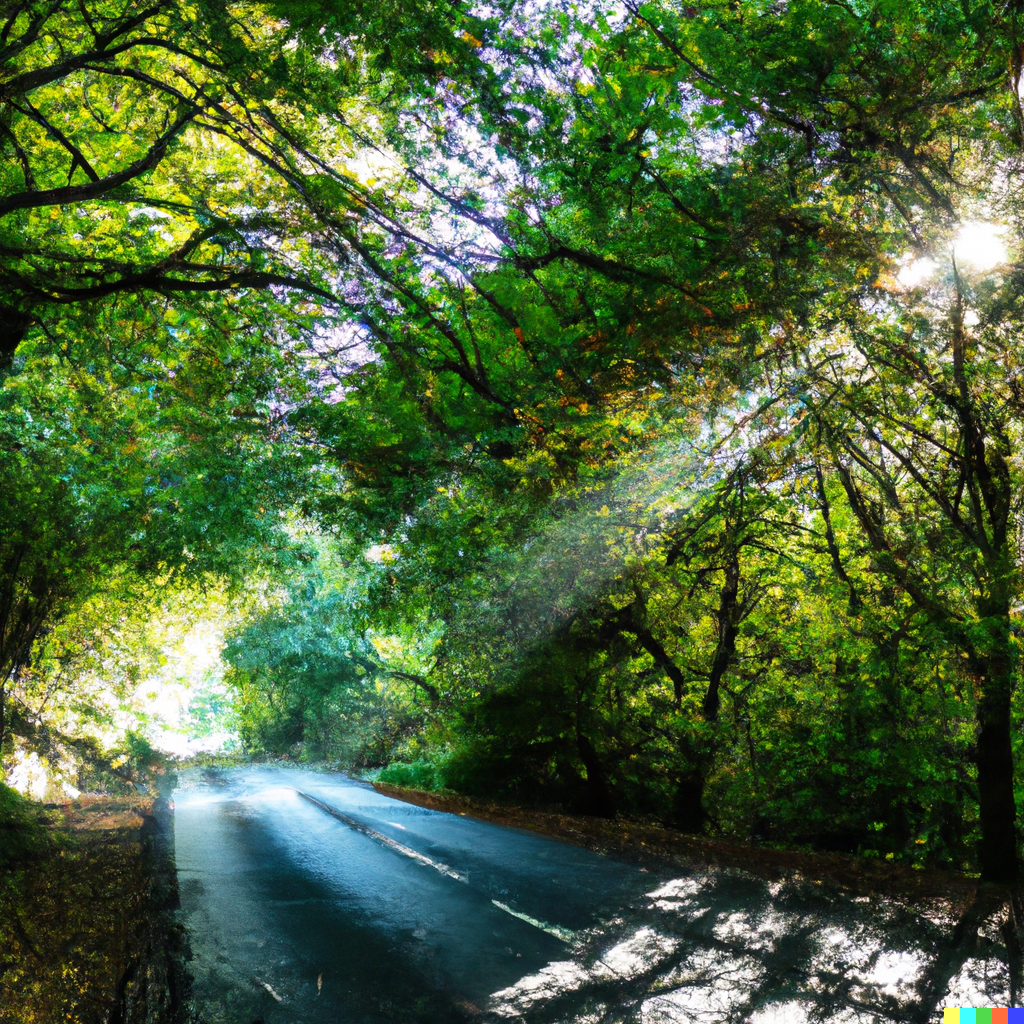 DALLE 2023-03-21 072603 - an award winning photo of a tarmac road that forks in a bright lush beautiful forest its an enchanting photo filled with greenlight from all the tre - French in Real Life Rather, do you know how to say that in French? take this path and hear it in a clip from the Inner French podcast, improve your French listening skills