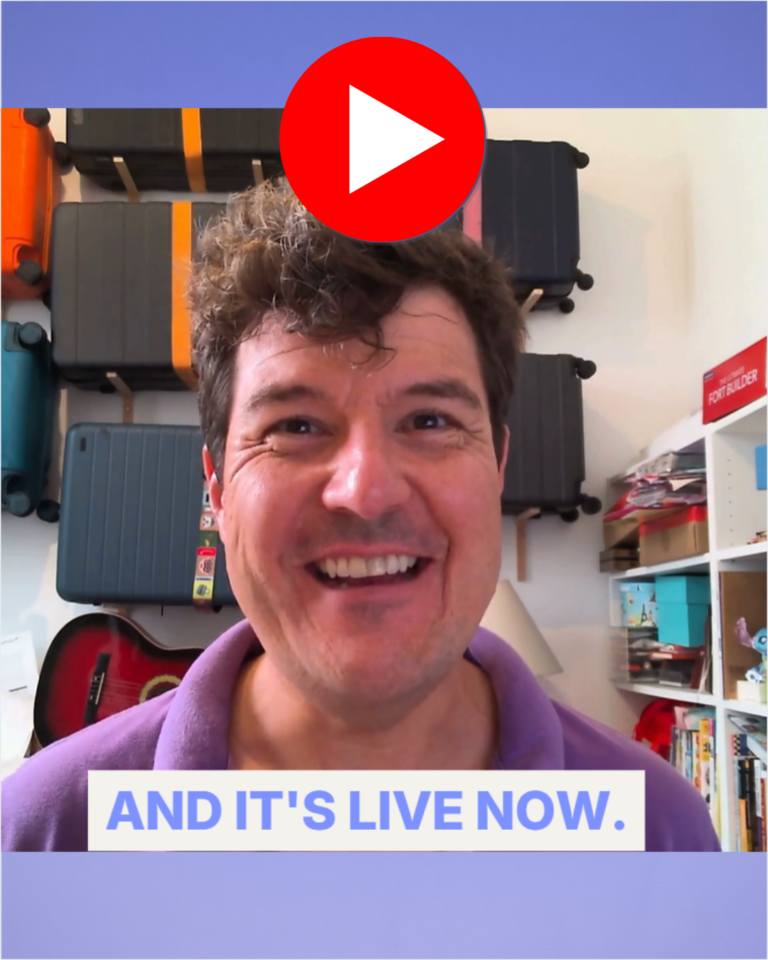 Video thumbnail: smiling man in a purple hoodie in a workshop, with a large red play button overlay and the text 'AND IT'S LIVE NOW'.
